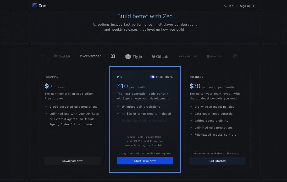 Zed Pro Free Trial 14-Day $20 AI Credit Offer