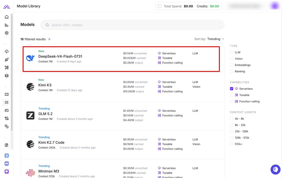 Fireworks AI developer billing dashboard displaying promotional trial credits and DeepSeek V4 Flash API configuration